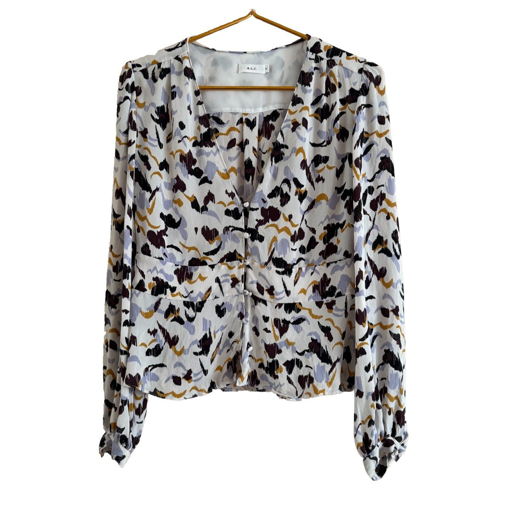 A.L.C. Silk Blouse Multicolor V Neck Front Buttons Long Sleeve Women's Size 6